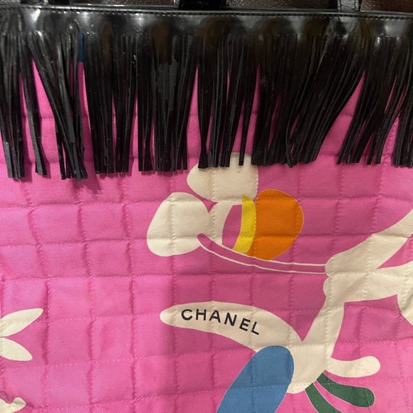 CHANEL vintage Pink Quilted Tote with Black Fringe and Colorful Accents - Picture 2 of 7